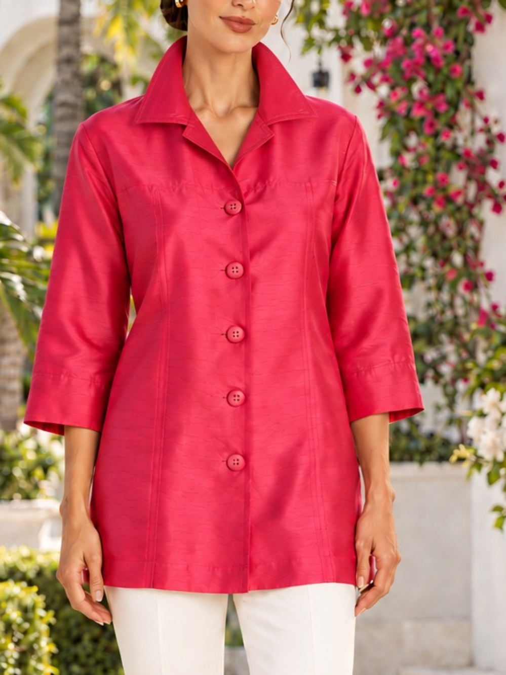 Neiman Marcus Pink Silk Tunic Button Front 3/4 Sleeves Excellent Size M